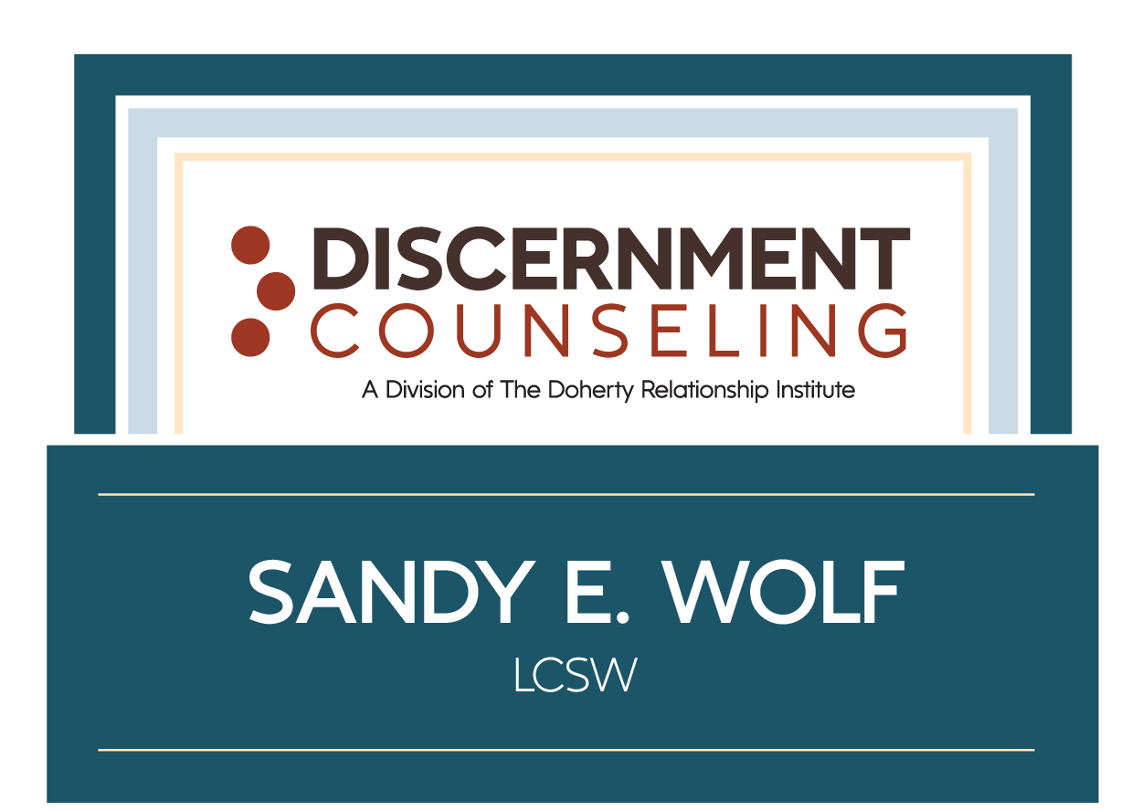 A graphic badge showing that Sandy Wolf, LCSW is a Discernment Counseling Fellow (from the Doherty Institute)