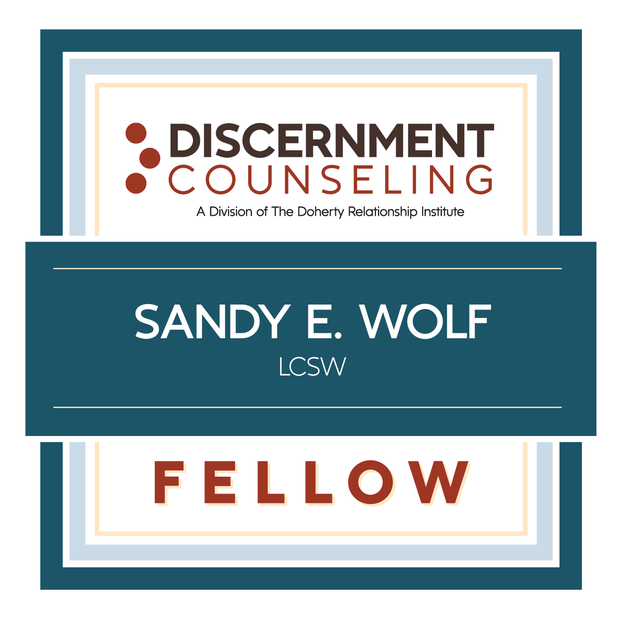 A graphic badge showing that Sandy Wolf, LCSW is a Discernment Counseling Fellow (from the Doherty Institute)